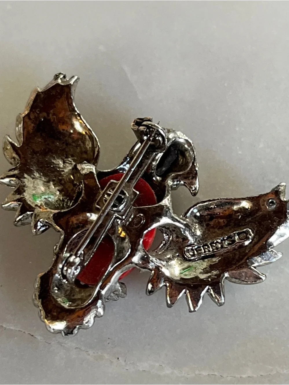 Vintage Gerry's Eagle Brooch Pin Silver Tone Faux Coral Red Cabochon
